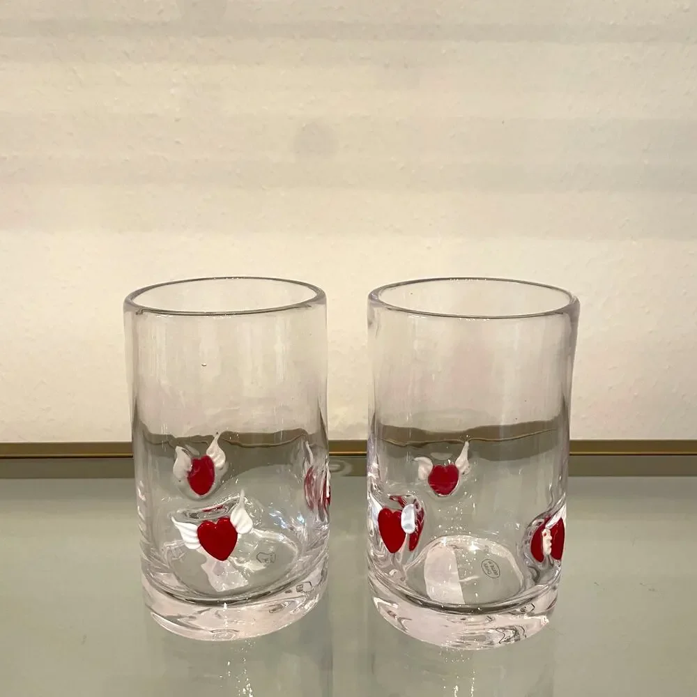 Icon Winged Heart Inlay Drinking Glasses 5in Set of 2 Red White Valentine NEW